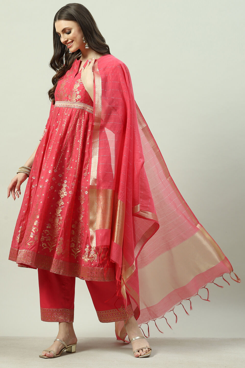 Buy Fuchsia Art Silk Anarkali Kurta Narrow Palazzo Suit Set Kurta