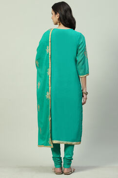 Turquoise Art Silk Straight Kurta Churidar Suit Set image number 4