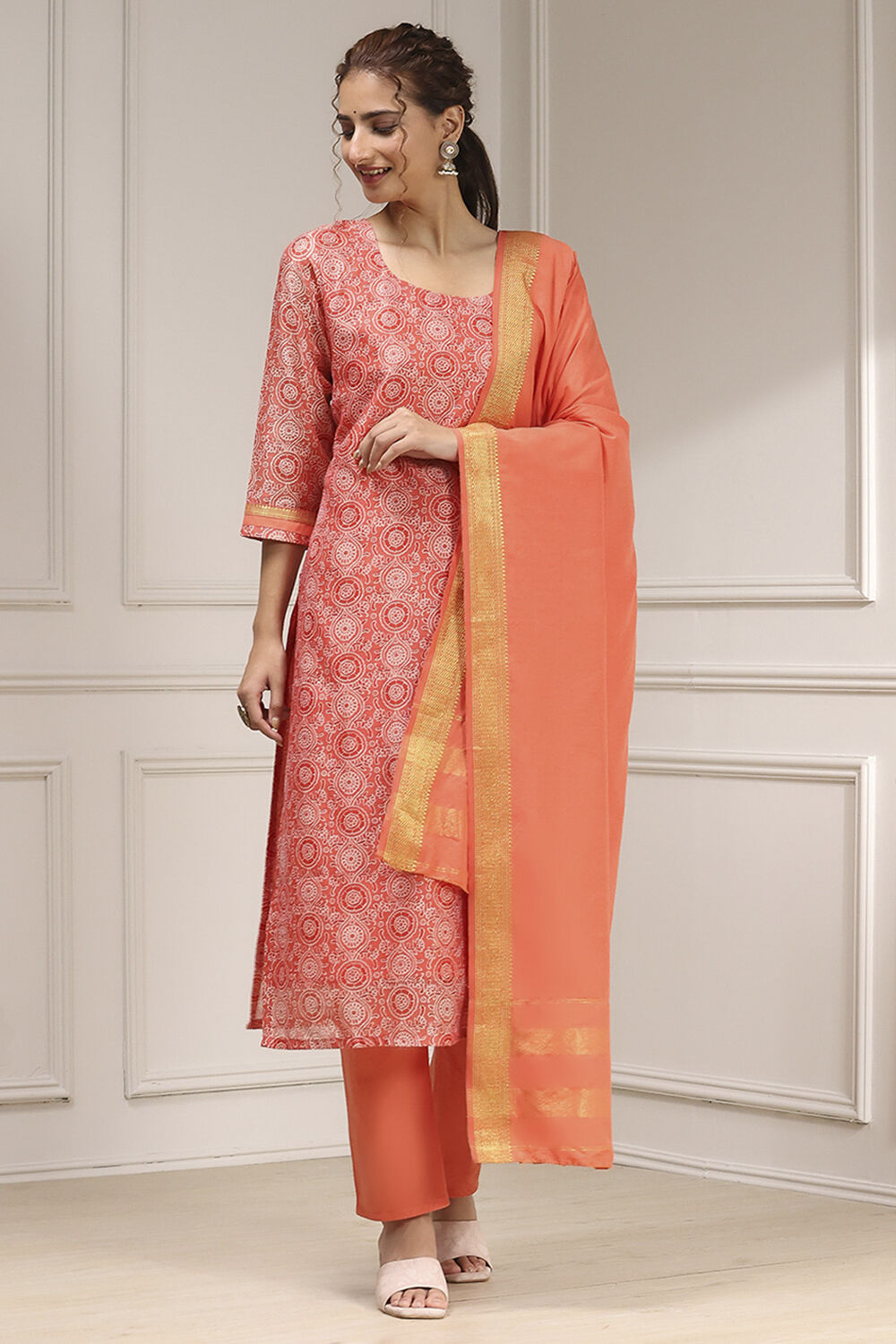 Orange Cotton Printed Embroidered Unstitched Suit Set image number 1