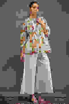 Rohit Bal Cream-Colored Silk Chanderi Floral Printed Gathered Co-ord Set image number 5