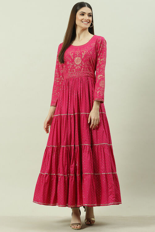 Pink Cotton Flared Printed Dress image number 2