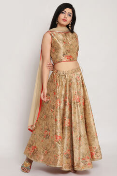 Beige Poly Metallic Floral Lehenga Set image number 4