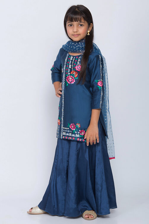 Blue Cotton Silk Straight Kurta Sharara Suit Set image number 3
