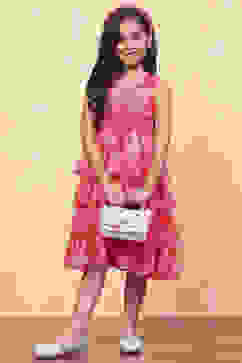 Pink Chiffon Floral Printed Flared Tiered Dress image number 0