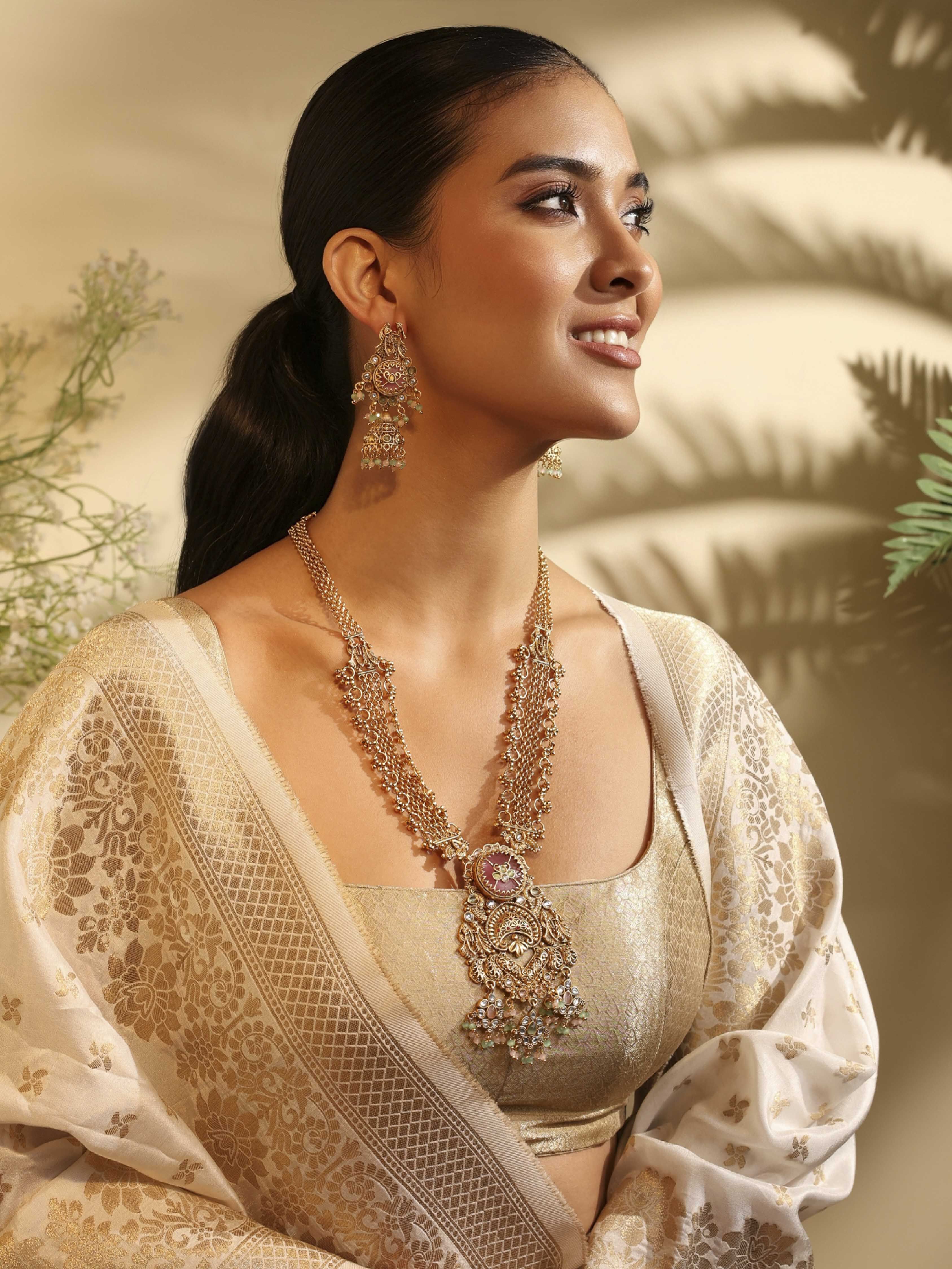 Gold Plated Brass Long Pendant Necklace Set image number 3