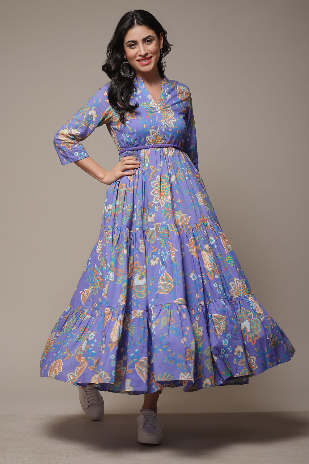 Lilac Cotton Tiered Printed Dress Biba India