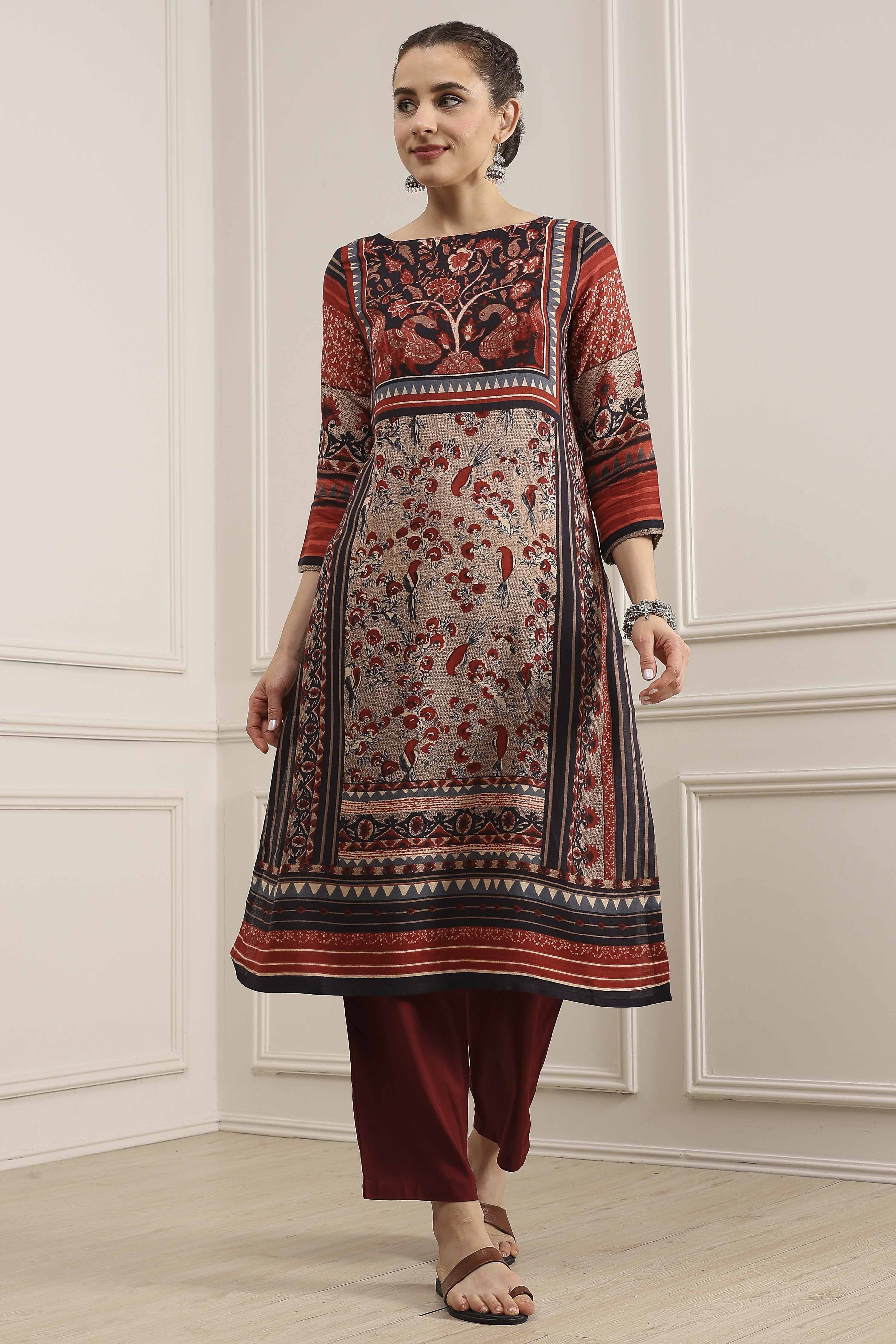 Black and Rust Printed Straight Kurta image number 5