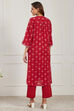 Red Cotton Printed Embroidered A-Line Kurta Set image number 4