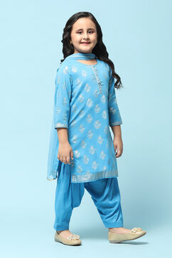 Blue Cotton Straight Printed Kurta Patiala Salwar Suit Set image number 6