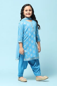 Blue Cotton Straight Printed Kurta Patiyala Salwar Suit Set image number 6