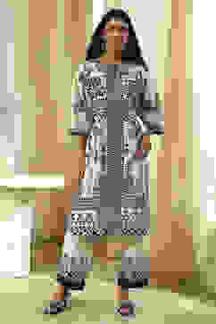 Off-White and Black Pure Cotton Printed Kurta Set image number 6