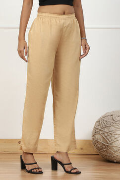 Beige Solid Mid-Rise Regular Pants image number 3