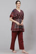 Maroon Straight Cotton Two Piece Printed Sleepwear Set image number 4