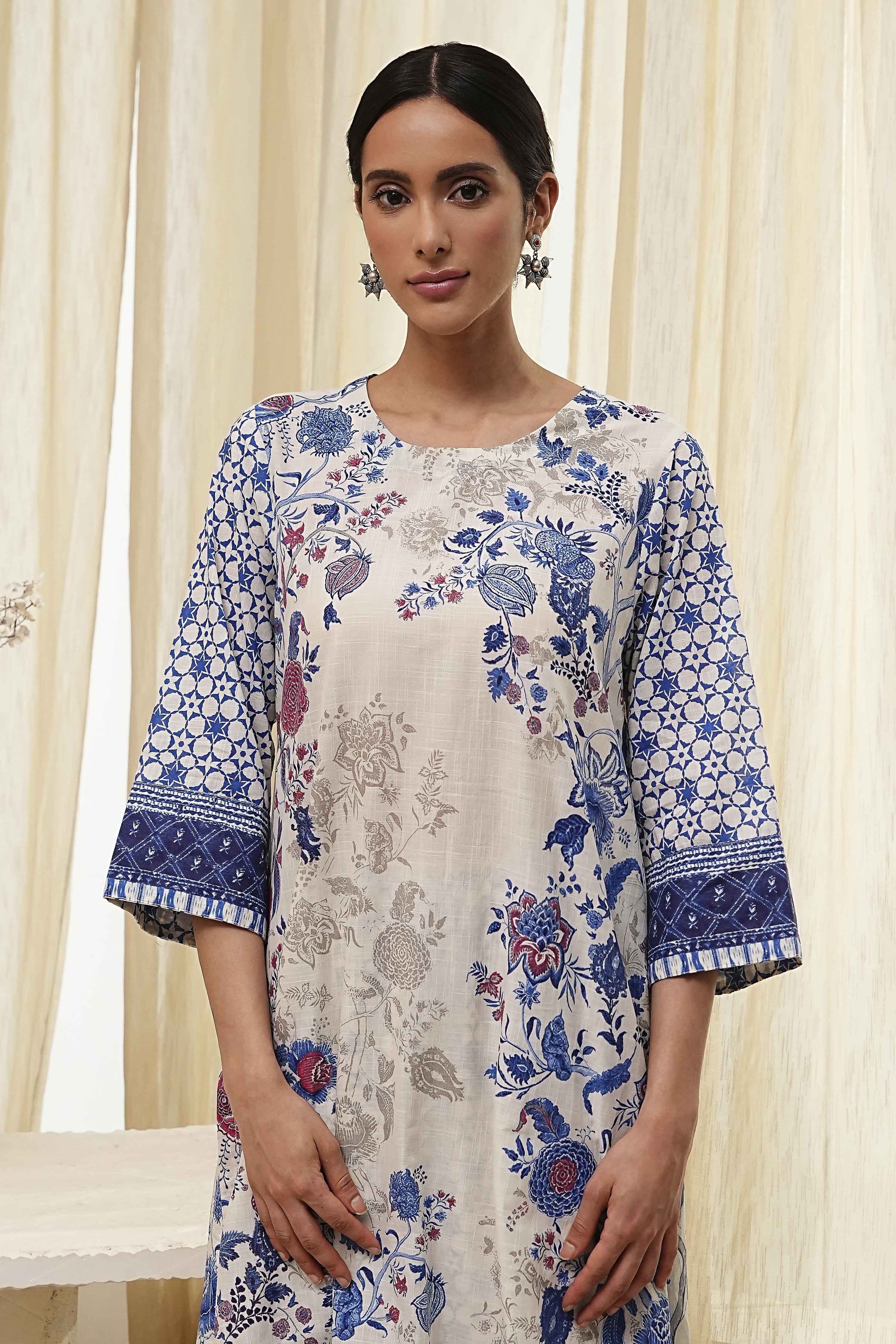 Off-White and Blue Cotton Straight Suit Set image number 1