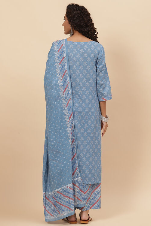 Blue Cotton Straight Kurta Palazzo Suit Set image number 4