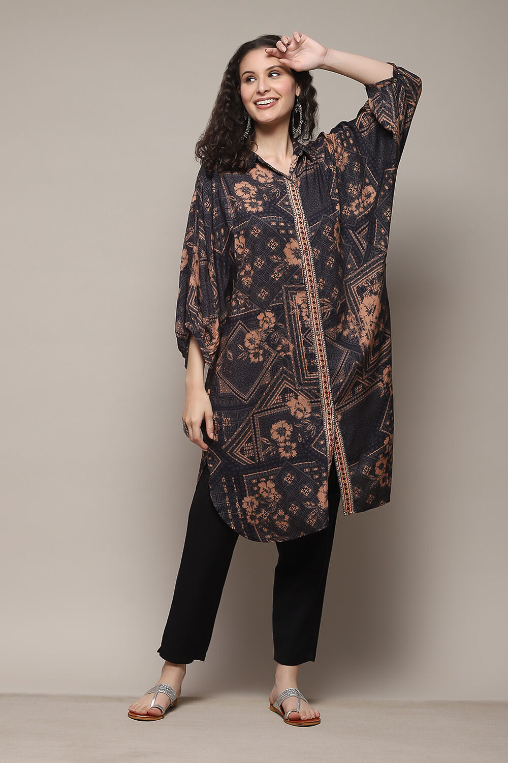 Black Rayon Slub Printed Jacket image number 0