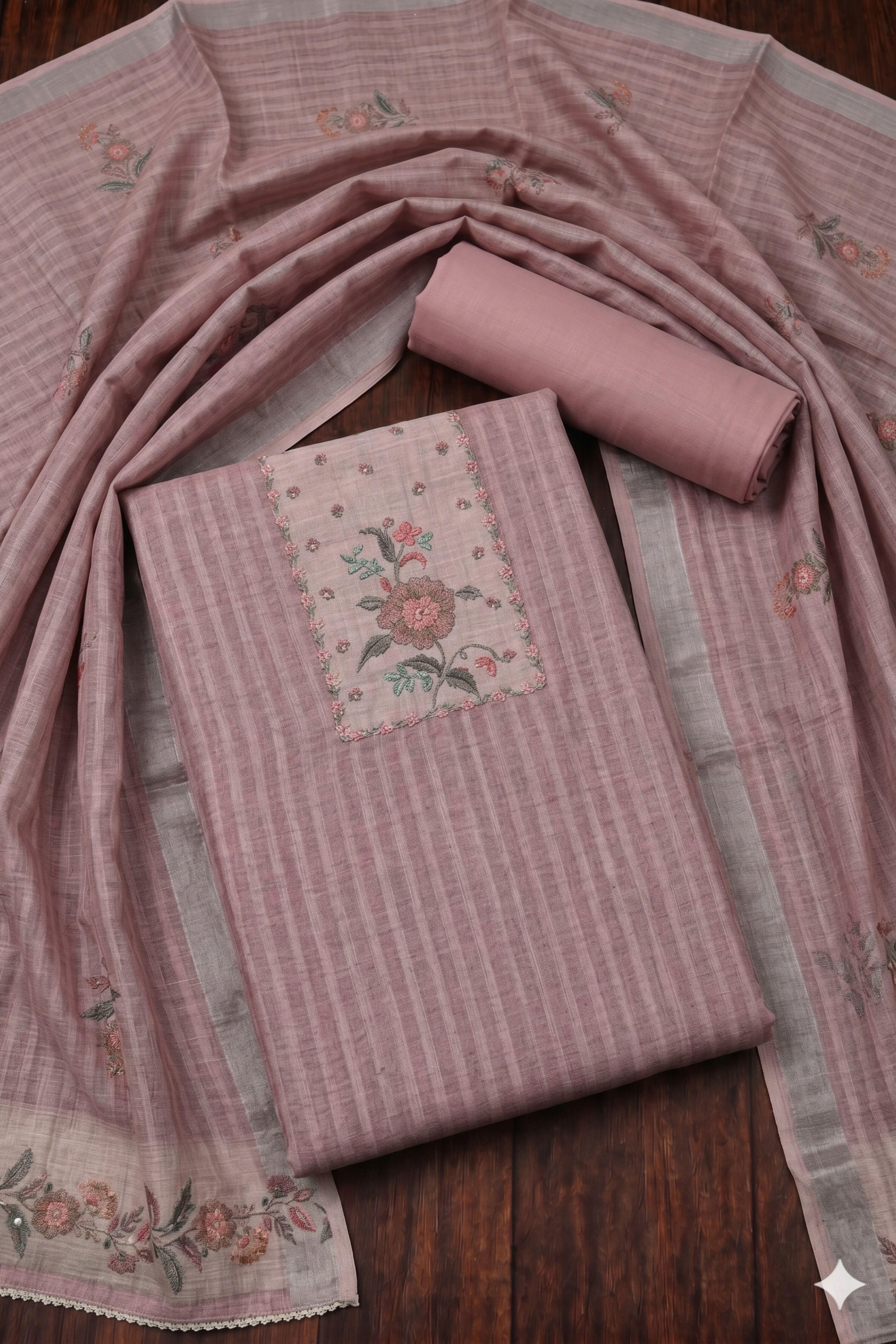 Blue Linen Stripe With Handwork Unstitched Suit Set image number 0