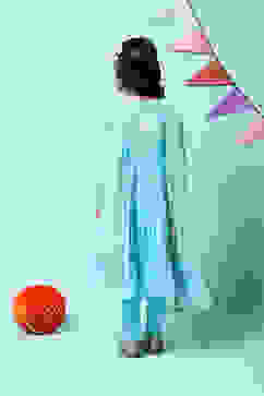 Turquoise Cotton Blend Tiered Kurta Churidar Suit Set image number 4