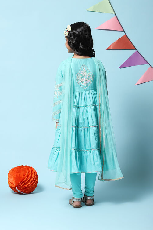 Turquoise Cotton Blend Tiered Kurta Churidar Suit Set image number 4