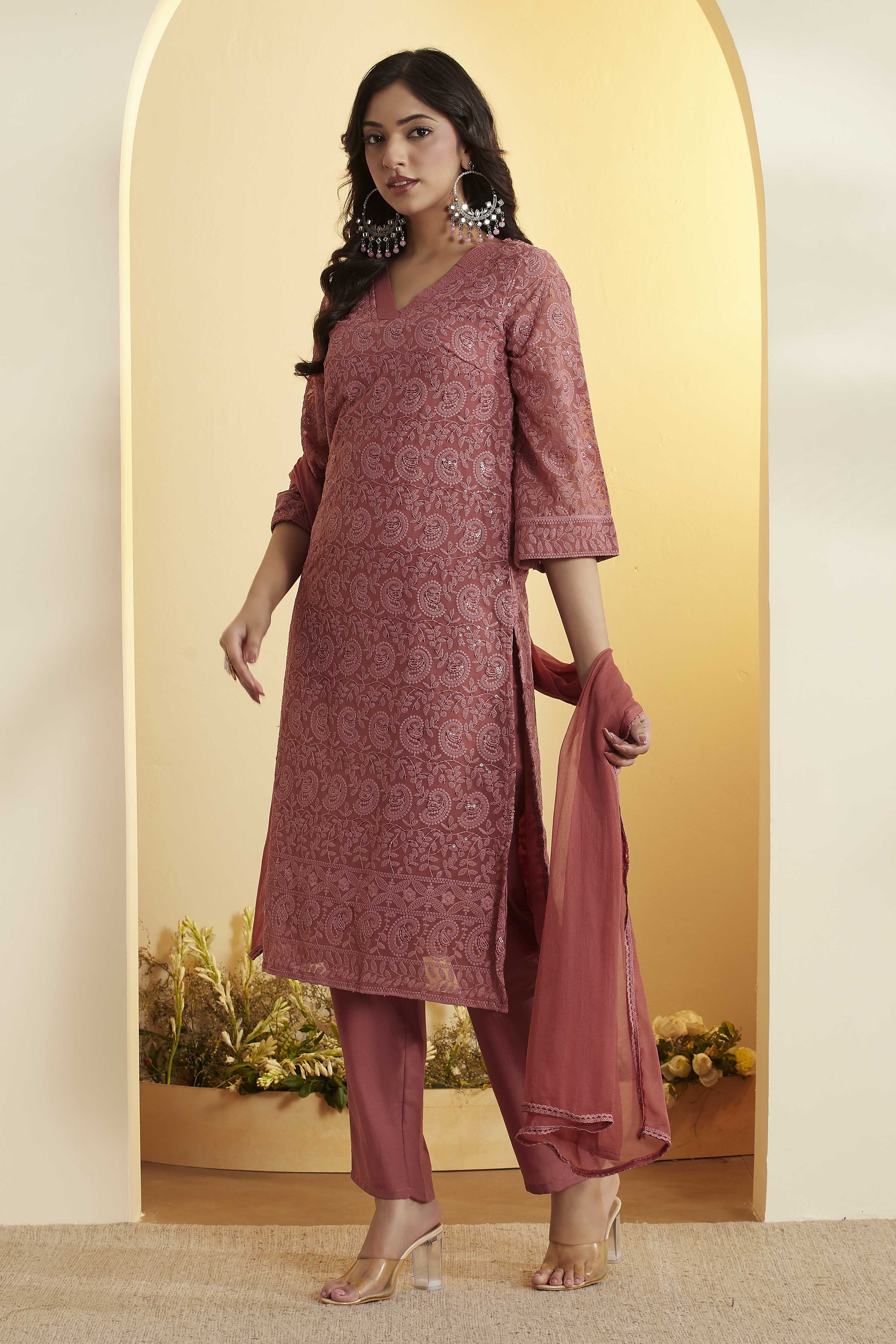 Dusty Rose Printed Straight Kurta Set image number 3