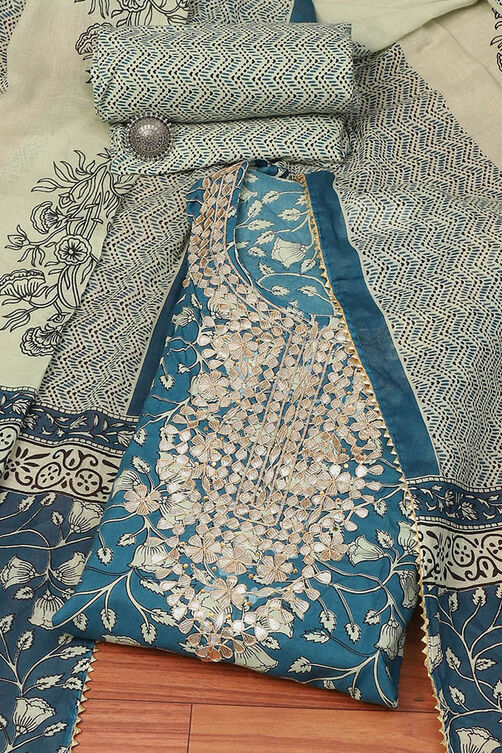 Blue Cotton Hand Block Print Unstitched Suit Set