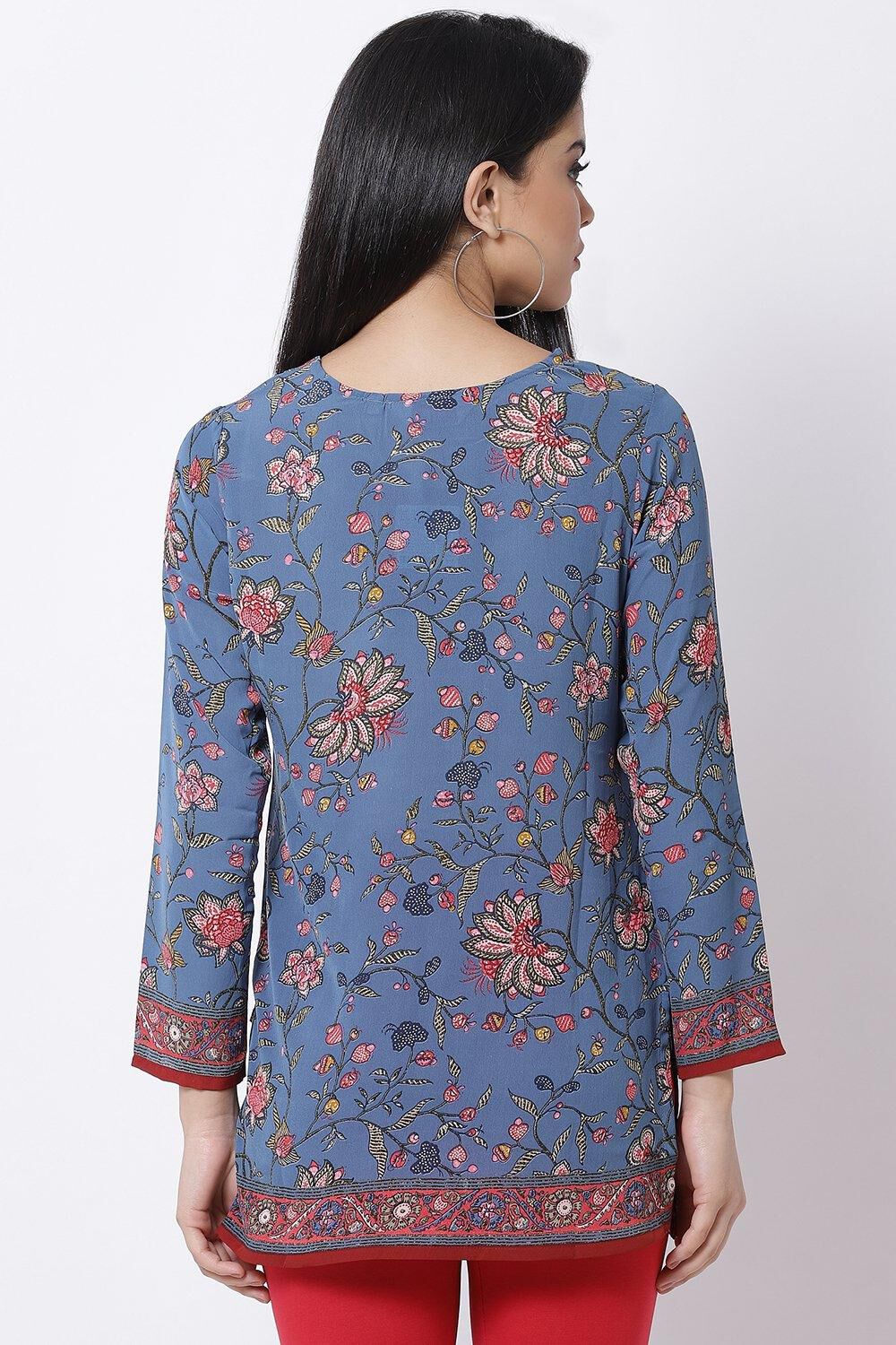 Blue Art Silk Straight Printed Kurti image number 5