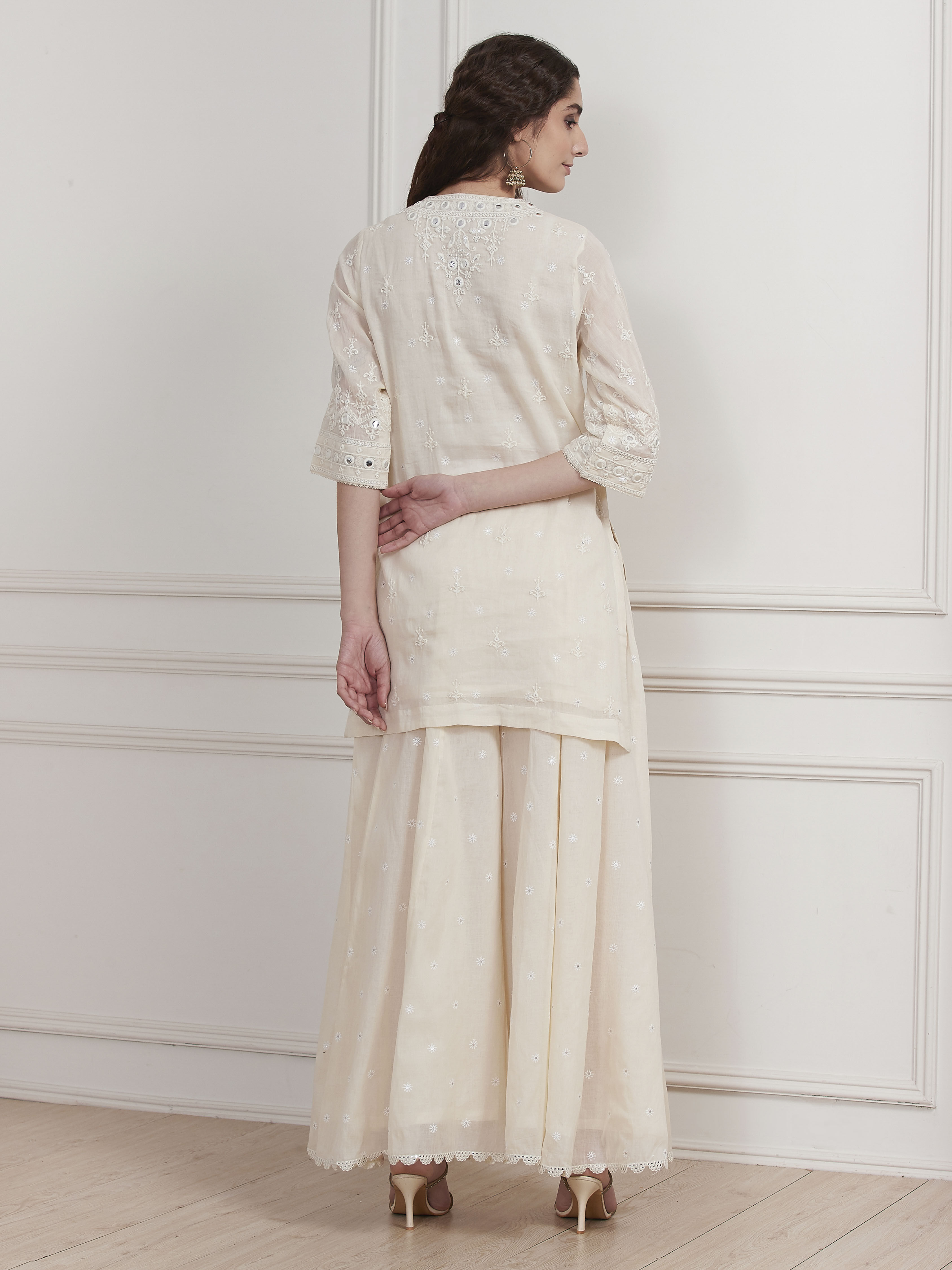 Ecru Cotton Embroidered Straight Sharara Suit Set image number 4