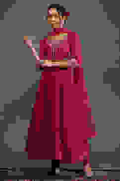 Rohit Bal Pink Silk Chanderi Floral Anarkali Suit Set image number 3