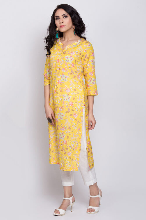 Yellow Cotton Straight Printed Kurta image number 2