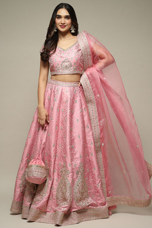 Red Silk Blend Straight Lehenga Set image number 4