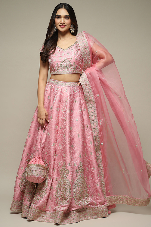 Red Silk Blend Straight Lehenga Set image number 4