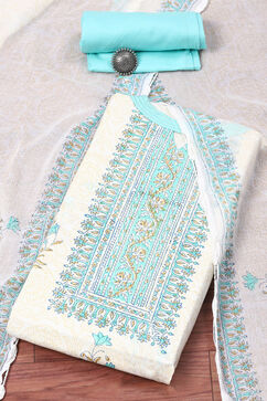 Teal Blue Cotton Hand Embroidered Unstitched Suit Set image number 0
