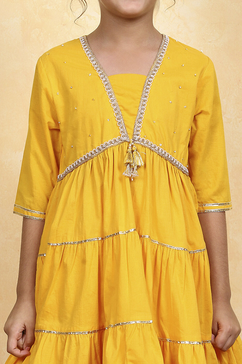 Yellow Cotton Solid Tiered Suit Set image number 1