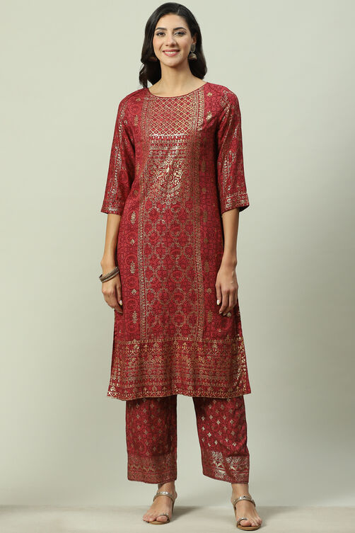 Rust Rayon Straight Printed Kurta image number 5