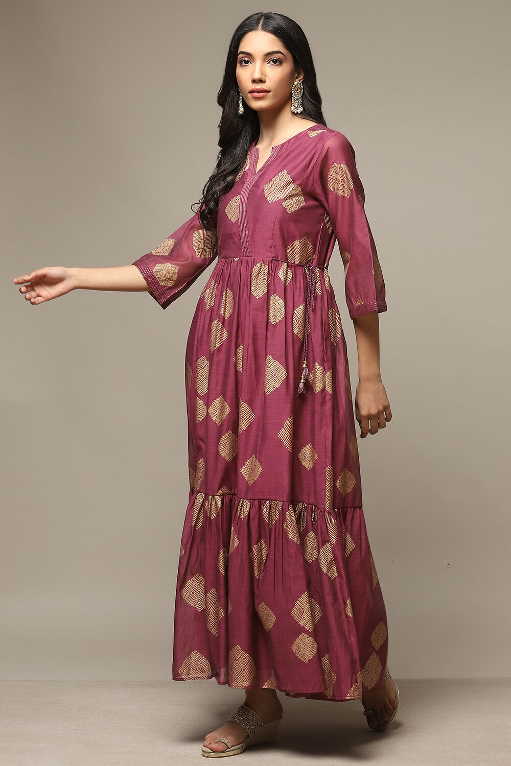 Golden Yellow Cotton Blend Tiered Printed Dress image number 3