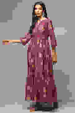 Purple Cotton Blend Tiered Printed Dress image number 3