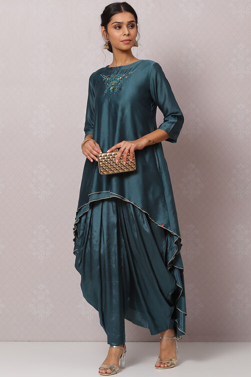 Teal Flared Cotton Silk Fusion Wear 2 Piece Set image number 0