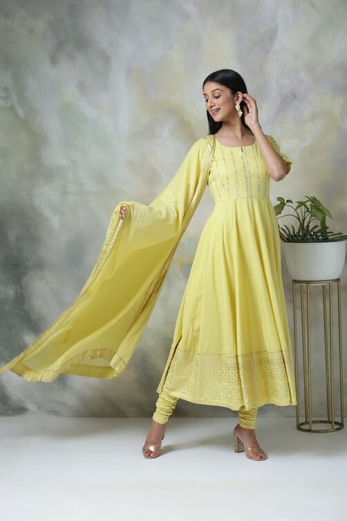 Yellow Cotton Anarkali Suit image number 2