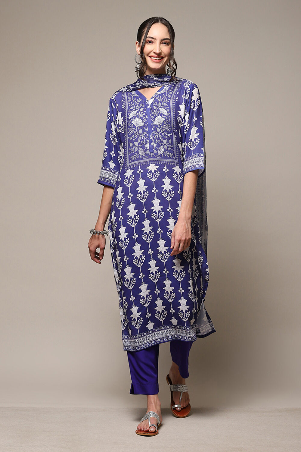 Indigo Chanderi Silk Unstitched Suit Set image number 8