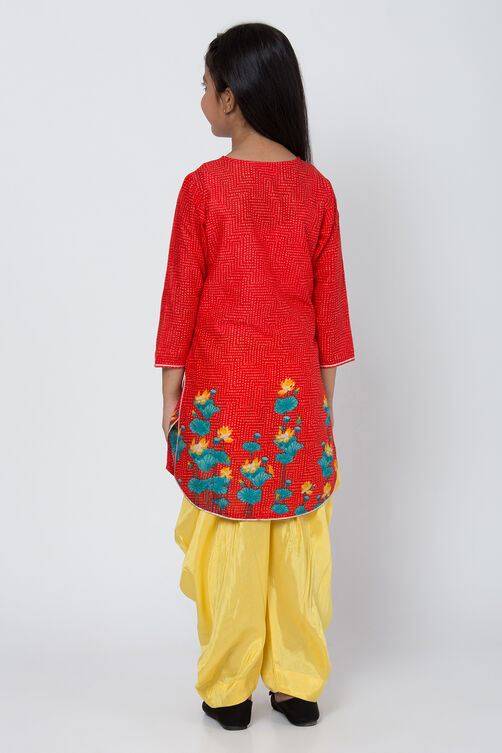 Red And Yellow Cotton Straight Kurta Dhoti Salwar Suit Set image number 5
