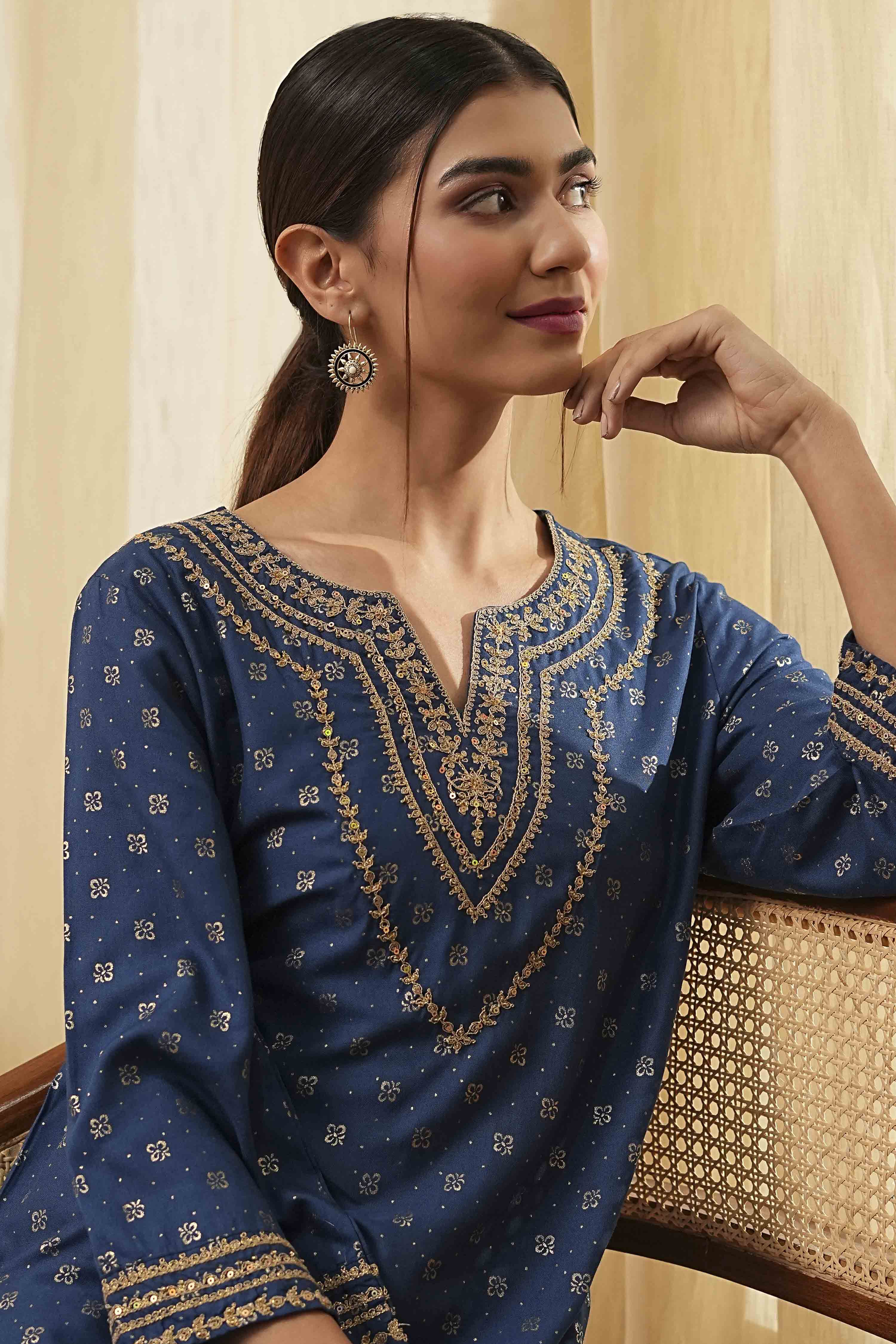 Blue Printed Straight Kurta image number 1