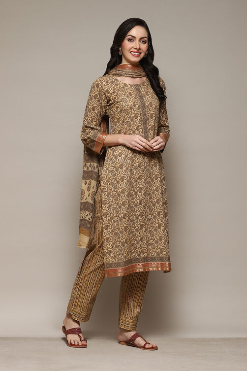 Coffee Brown Cotton Machine Embroidered Unstitched Suit Set image number 7
