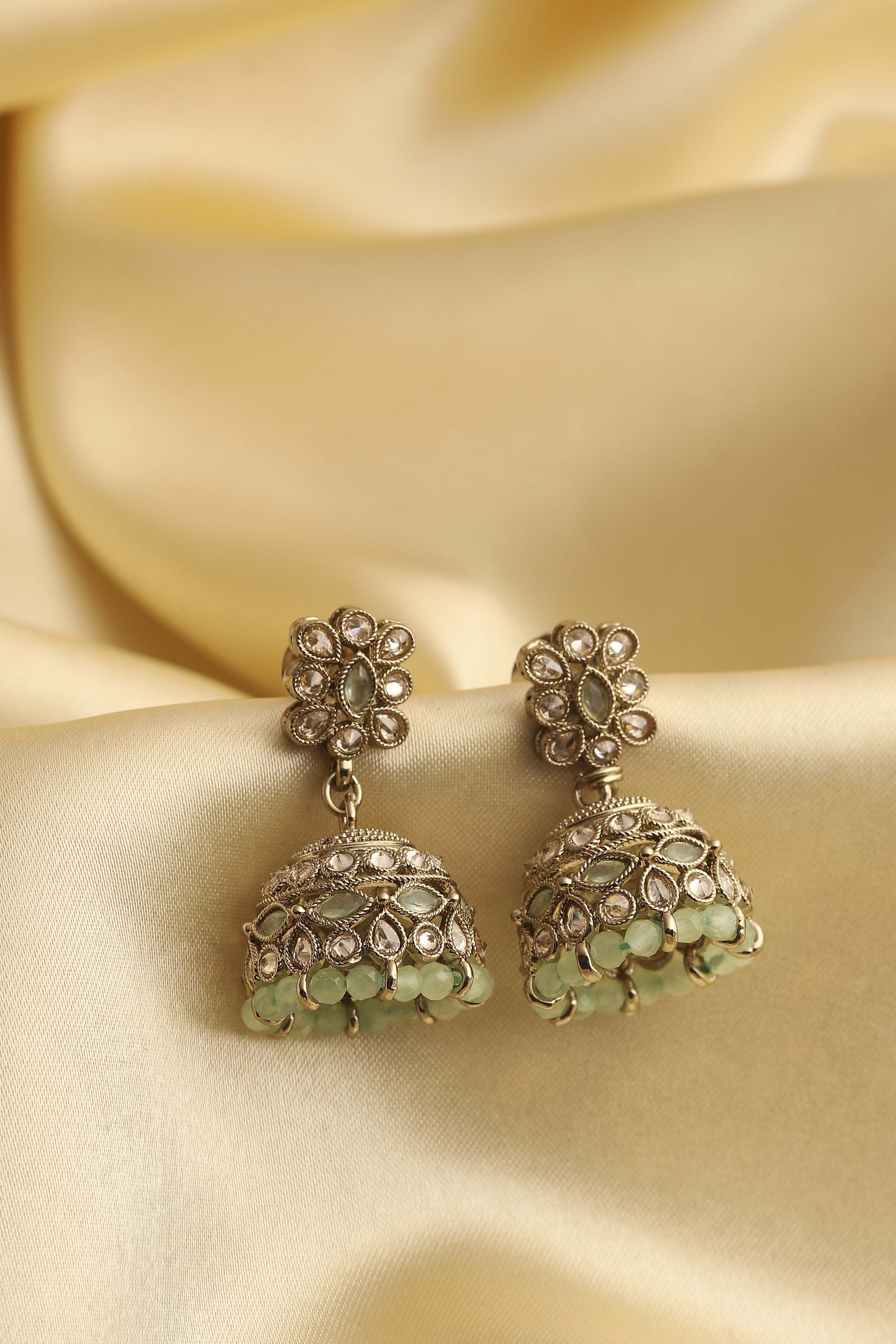 Mint Green Gold Plated Alloy Studded Jhumkas image number 0