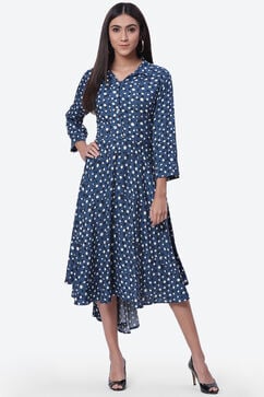 Blue Rayon Asymmetric Printed Dress image number 0