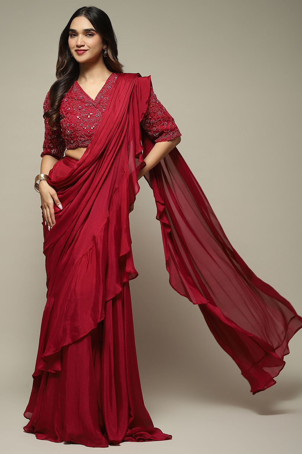 Dusty Pink Pre-Draped Nylon Saree With A Stitched Blouse image number 5