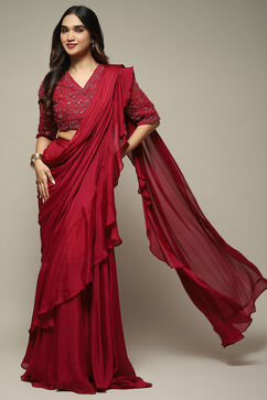 Berry Pre-draped Nylon Saree With A Stitched Blouse image number 5