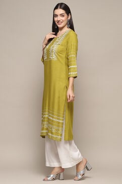 Lime Green Rayon flax Relaxed Kurta Palazzo Suit Set image number 3