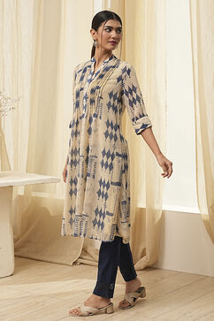 Beige Printed A-Line Kurta image number 2