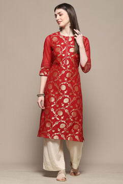 Red Polyester Straight Kurta image number 0