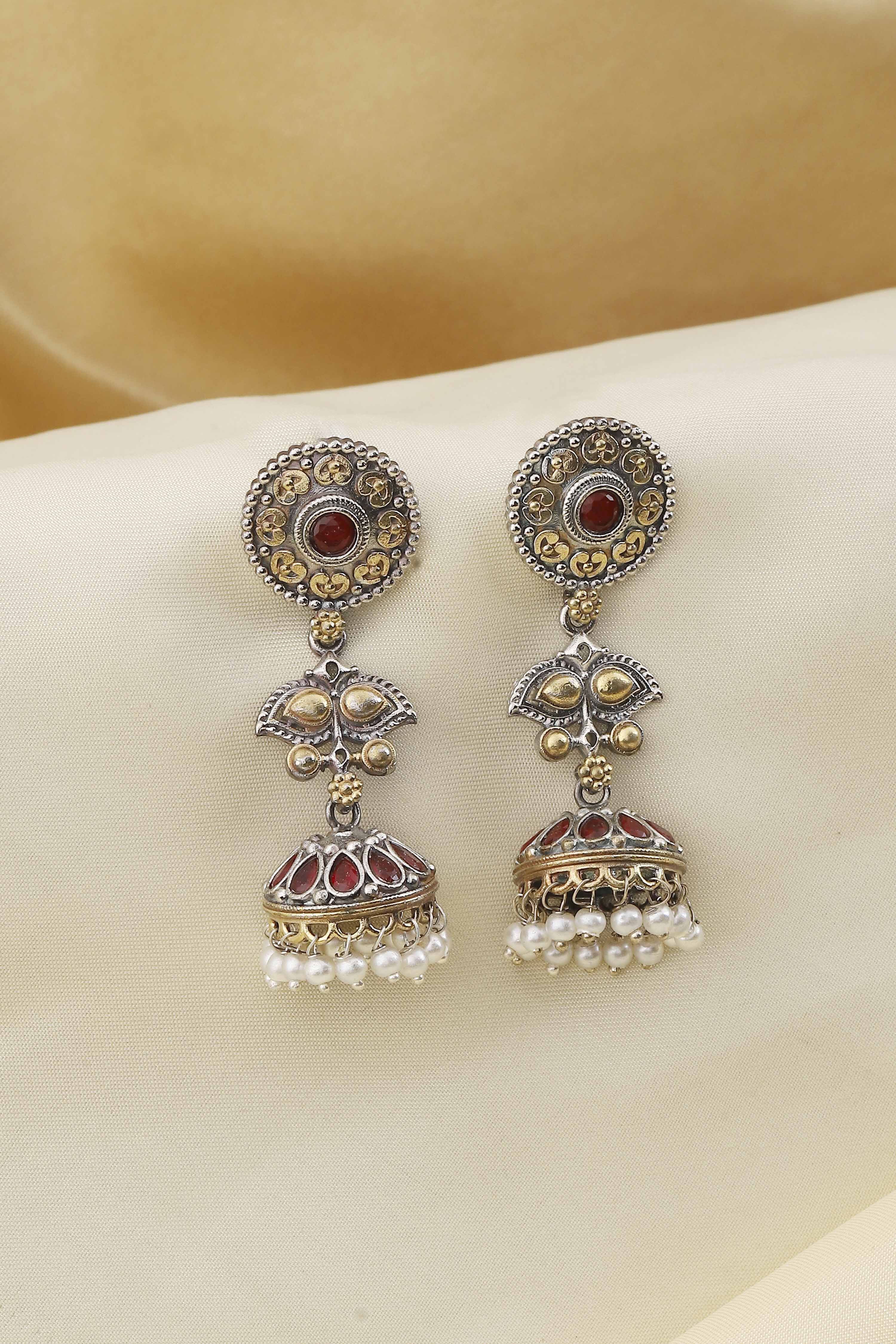 Red & Silver Toned Oxidized Brass Studded Jhumkas image number 0